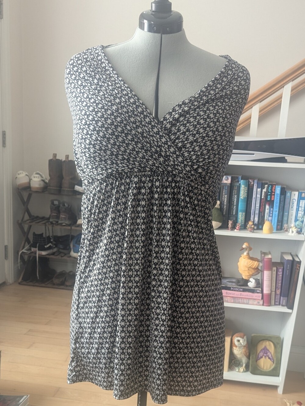 Black and White Houndstooth Wrap-Style Tank Dress